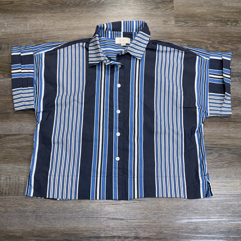 LOFT Blue White Vertical-Striped Short-Sleeve Button-Down Shirt Womens Small